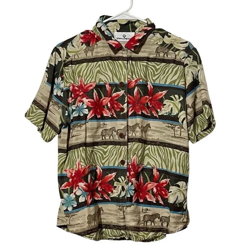 VNTG Erin London 70% Silk 30% Linen Button up Hawaiian Shirt Size M